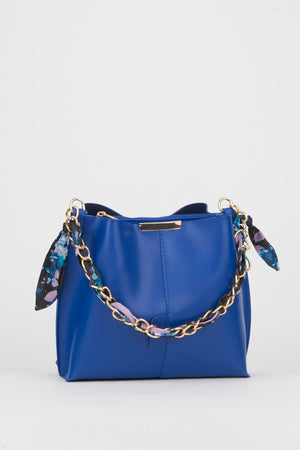 Women'S Sax Blue Scarf Chain Accessory Soft Leather 3-Compartment Hand, Arm And Shoulder Bag