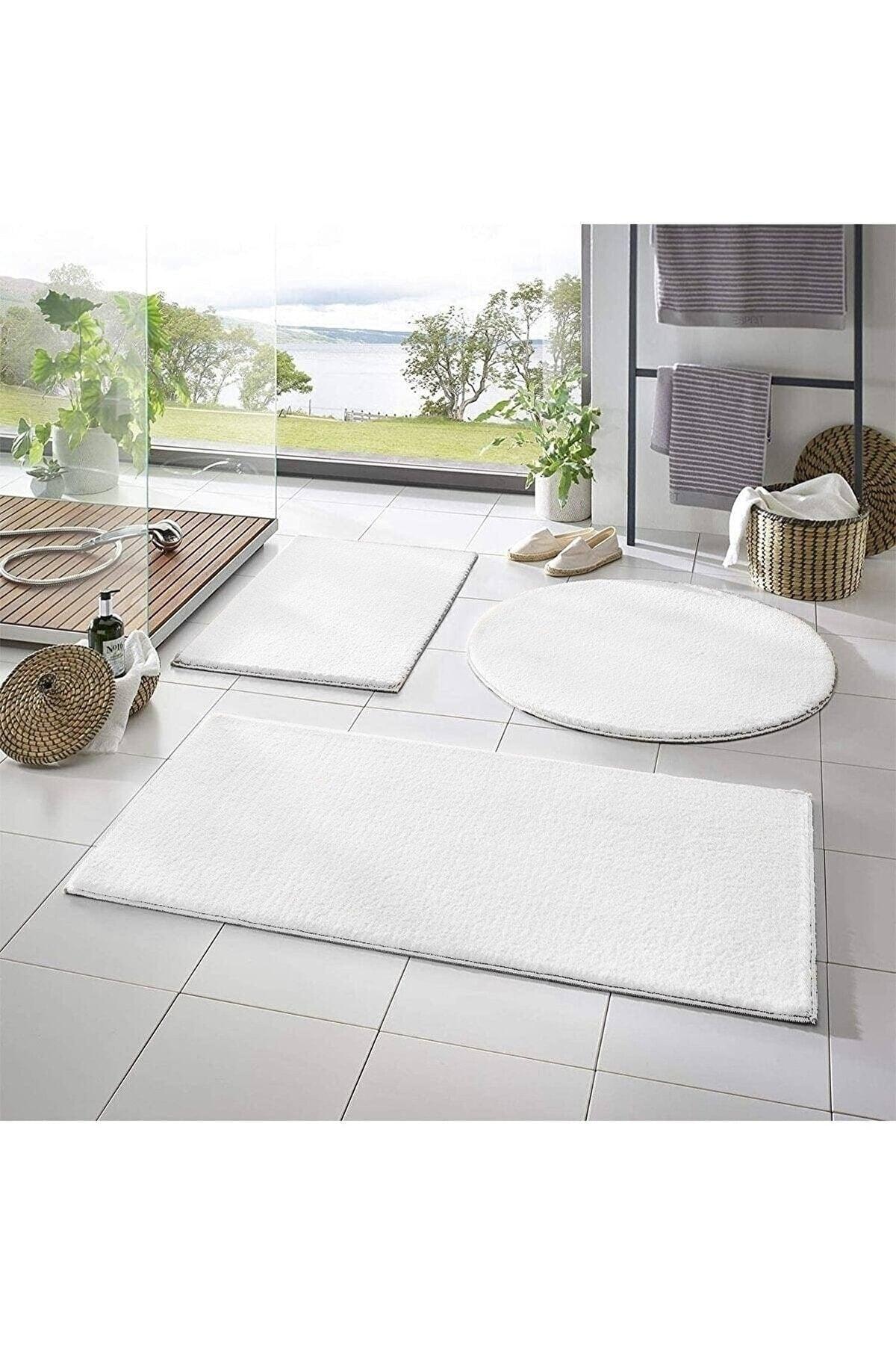 Sarar Post 3 Pcs Bathroom Carpet (60X100, 40X60, 60X60 ROUND) Plush Post Carpet Closet Set White - Swordslife