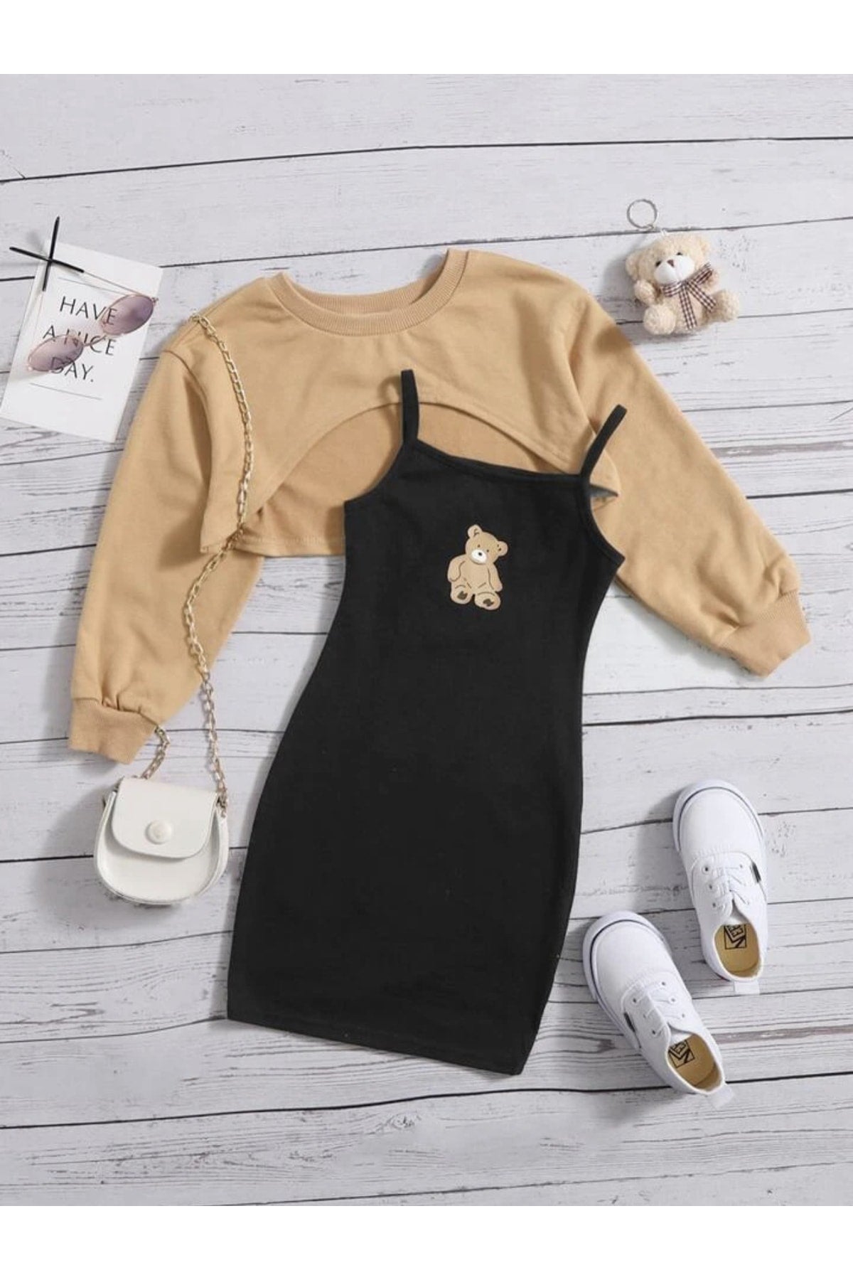 Teddy Bear Print Dress & Crop Sweat Combination