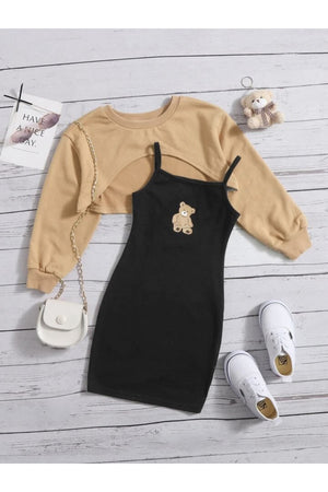 Teddy Bear Print Dress & Crop Sweat Combination