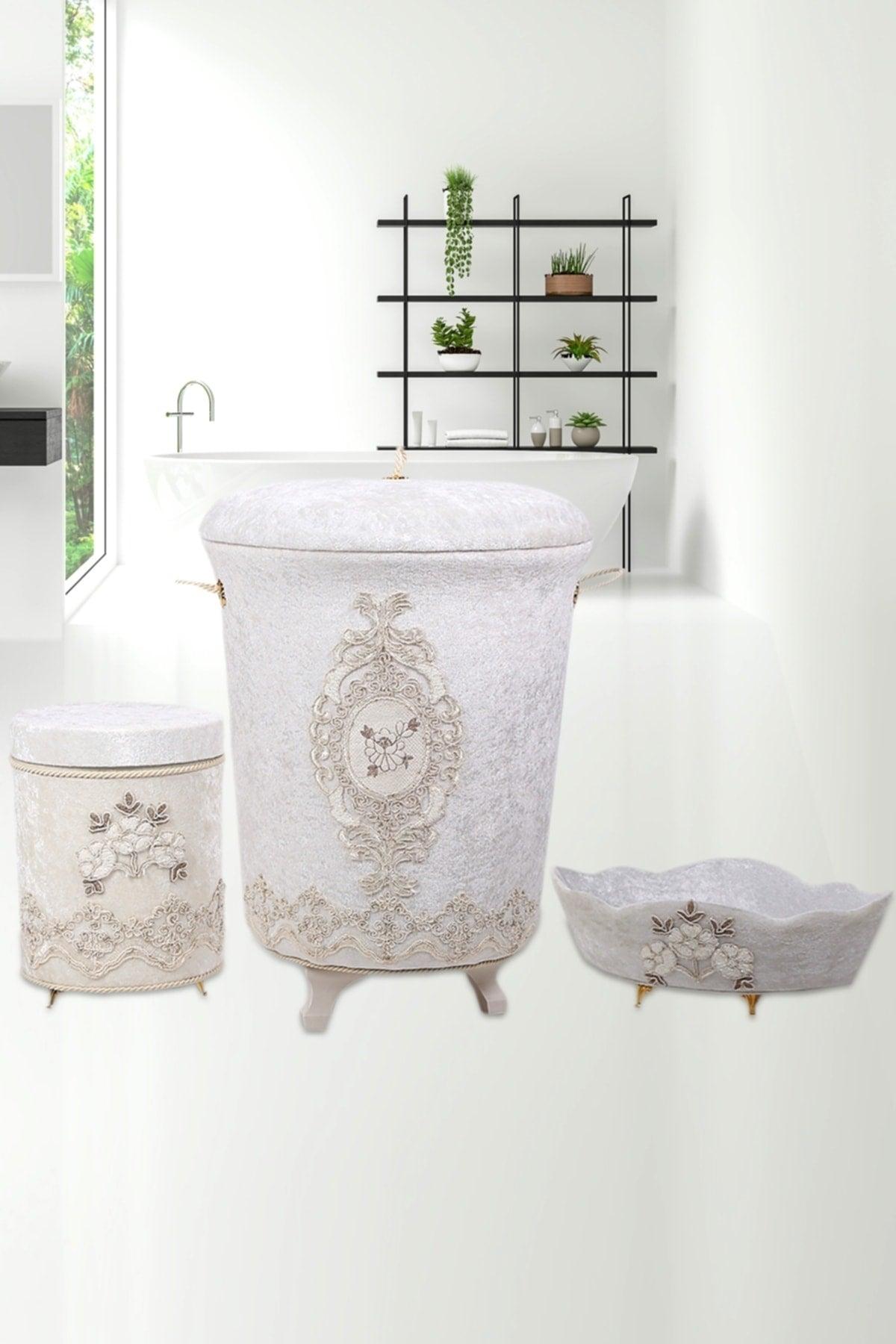 Lisa Cream 3 Pcs Velvet Dowry Lacy Bathroom Dirty Laundry Basket Set | Bathroom Set - Swordslife