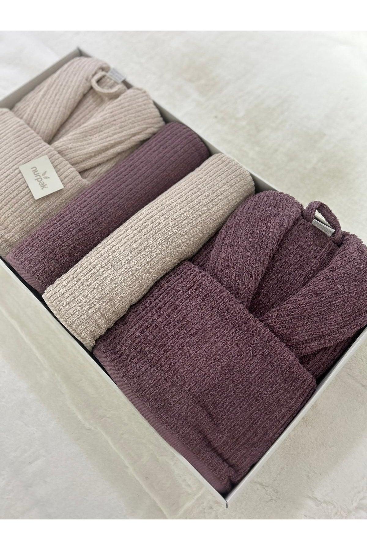 Ekol 8 Piece Bathrobe Set Beige - Plum - Swordslife