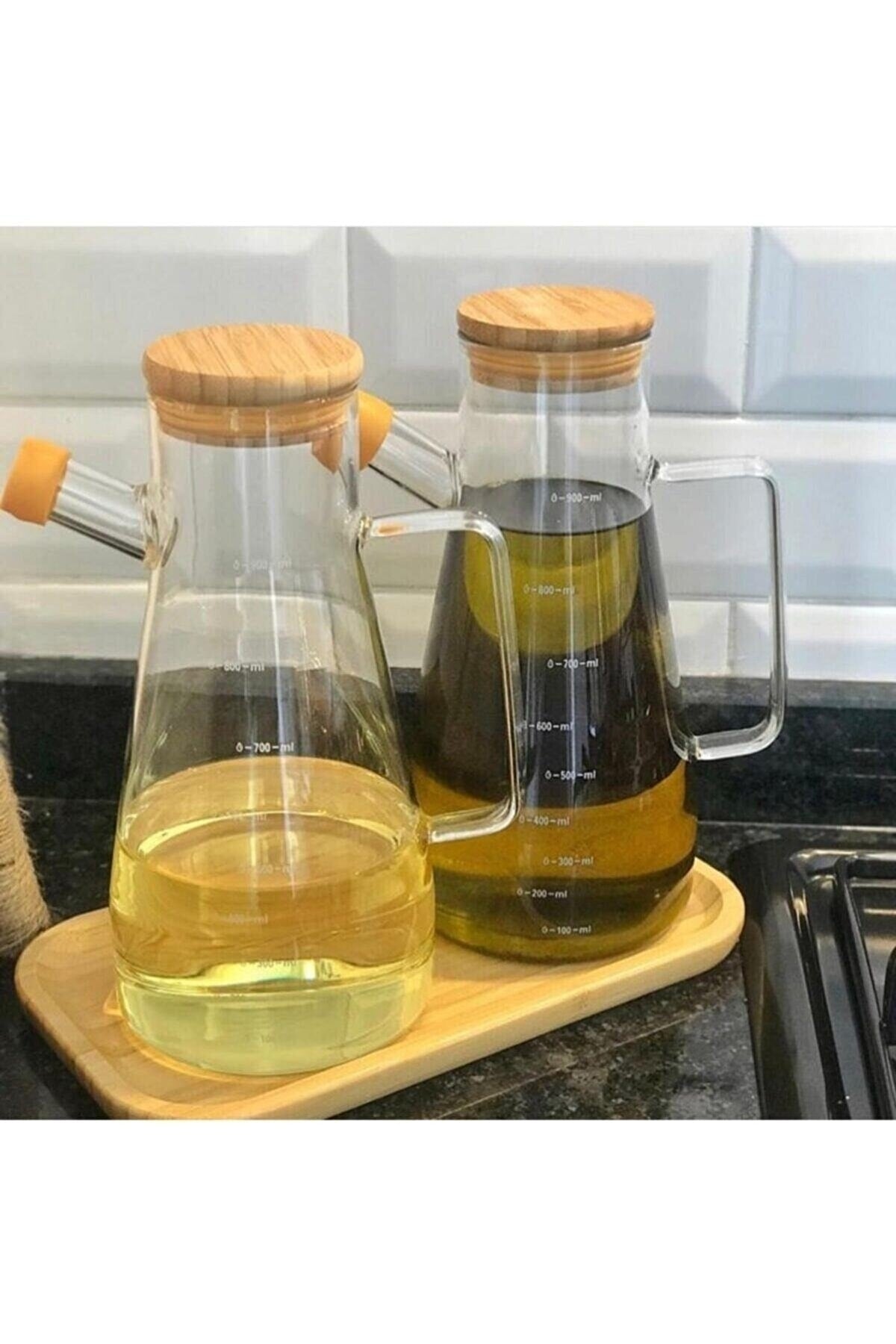 Vacuum Borosilicate Set of 3 with Bamboo Lid Glass Oil Vinegar Bamboo Base