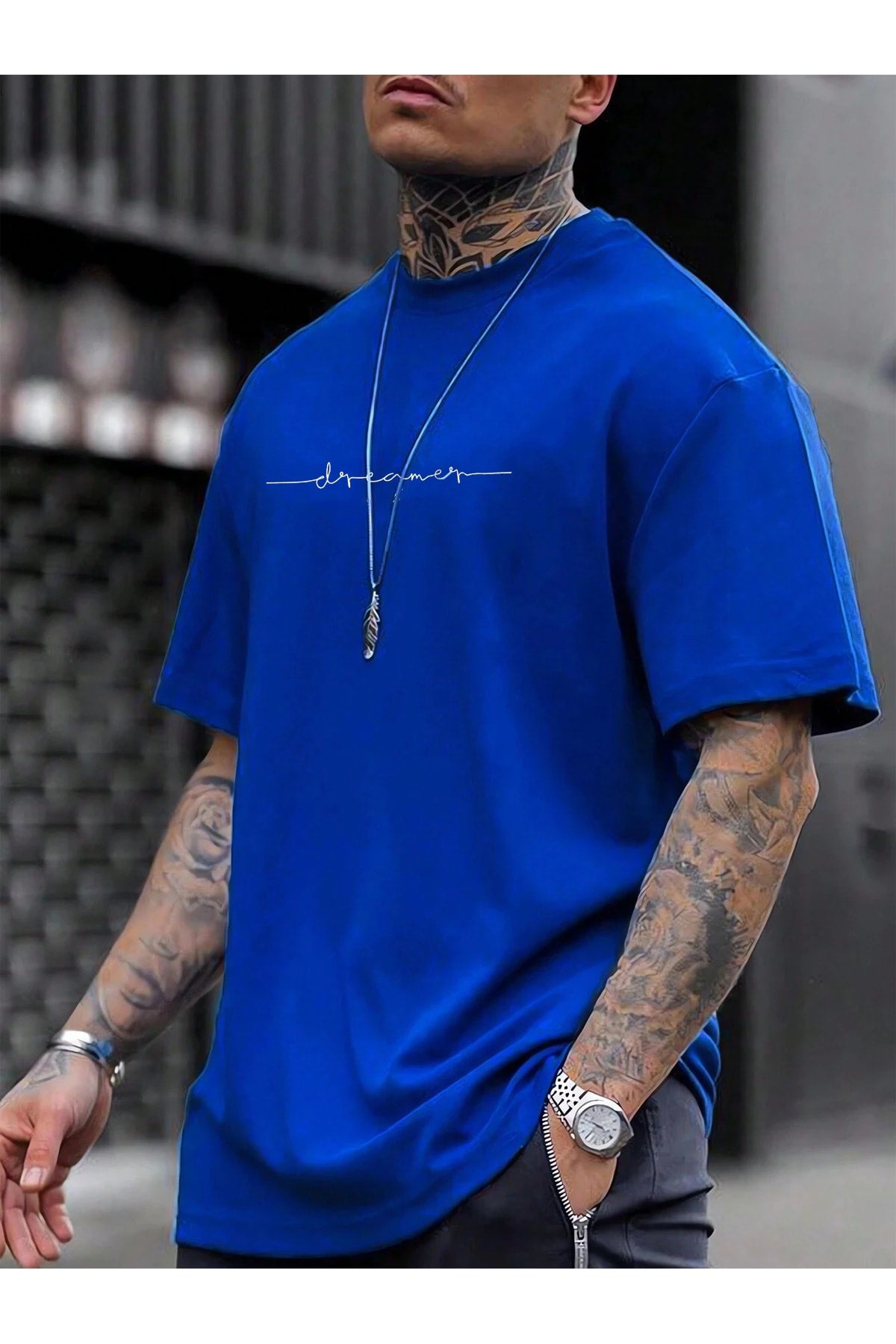 Black Sokak Men'S Blue Dreamer Printed Oversize Crew Neck Tshirt