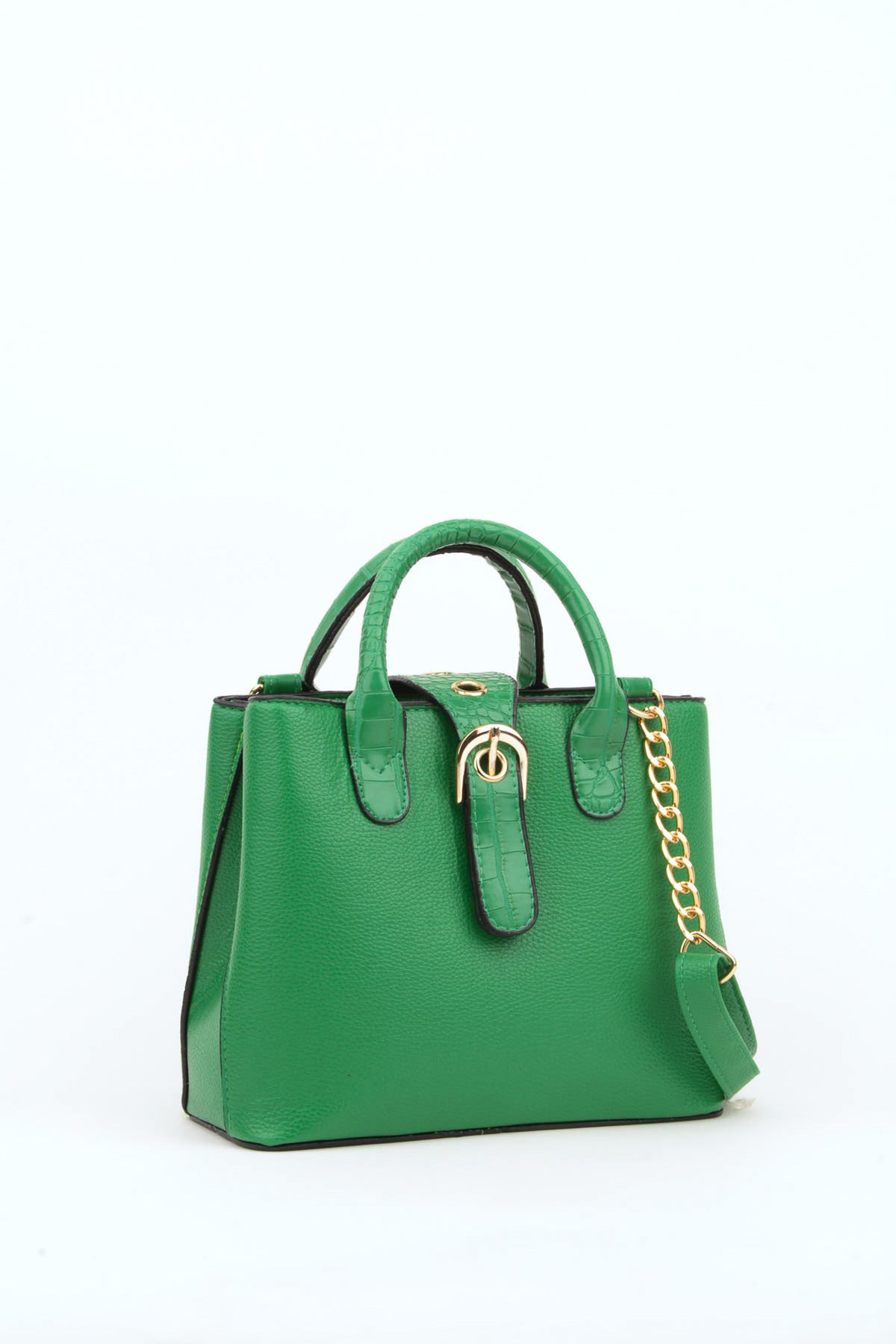 Women'S Green Croco Handle 2 Compartment Snap Zipper Closure Hand And Shoulder Bag With Strap