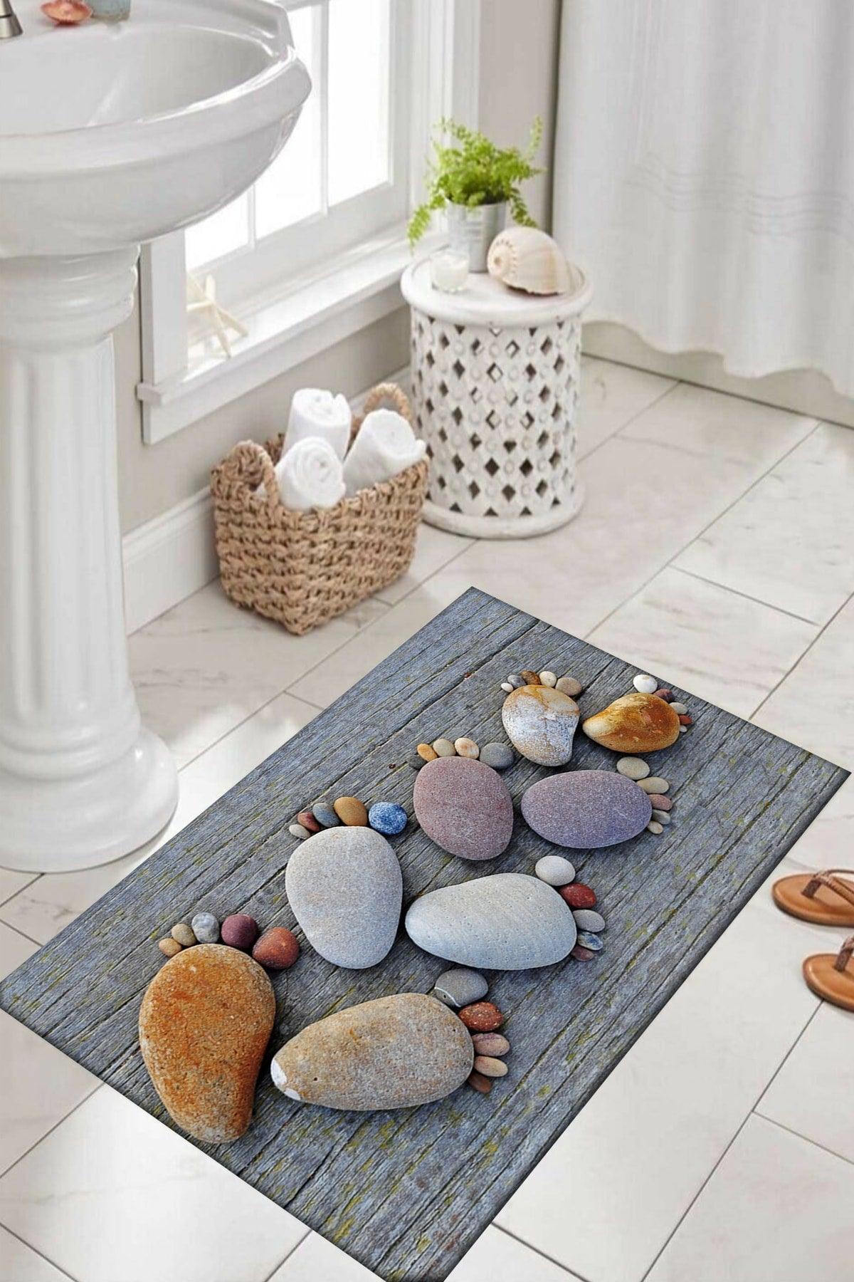 Else Gray Foot Stones Patterned Washable Non-Slip Base Bath Mat Rug - Swordslife