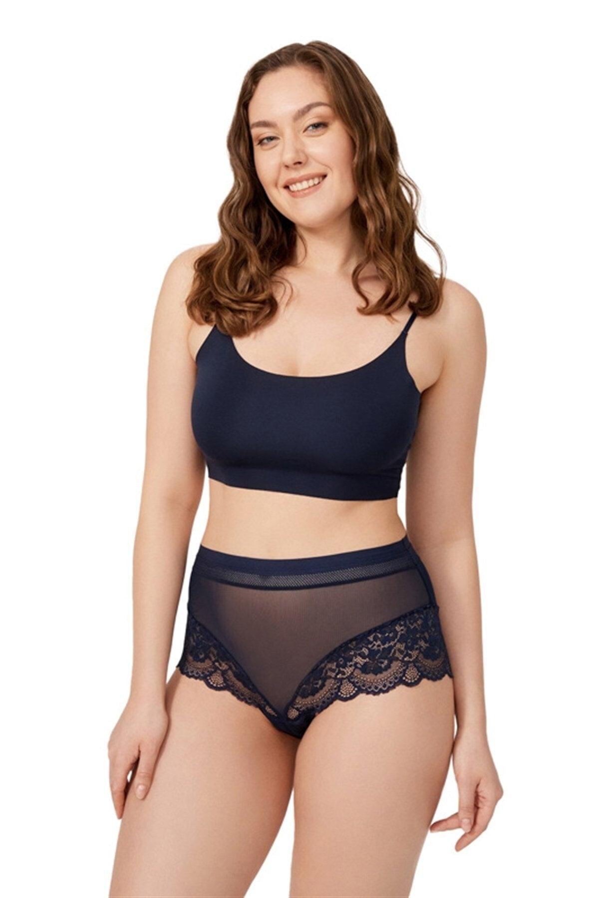 Navy Blue Lace Detailed Transparent Plus Size Bikini Panties - Swordslife