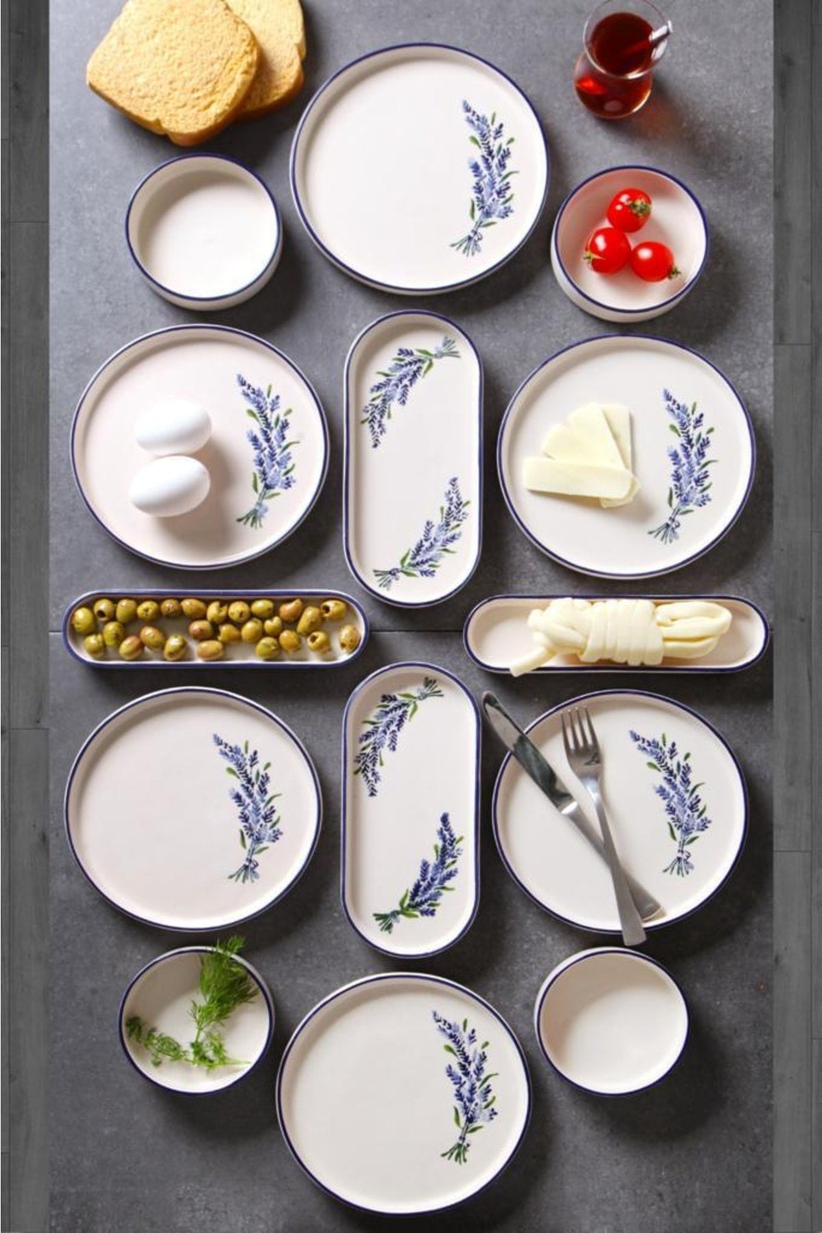 14 Piece Stackable Lavender Pattern Breakfast Set For 6 Persons Handmade Special Design Breakfast Set