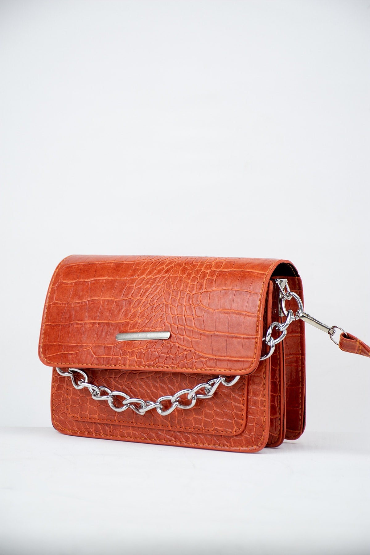 Orange Women Crocodile Patterned Clutch Baguette Chain Strap Bag