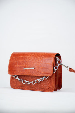 Orange Women Crocodile Patterned Clutch Baguette Chain Strap Bag