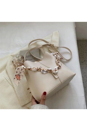 Women'S Cream Scarf Chain Accessory Soft Leather Bag Cream