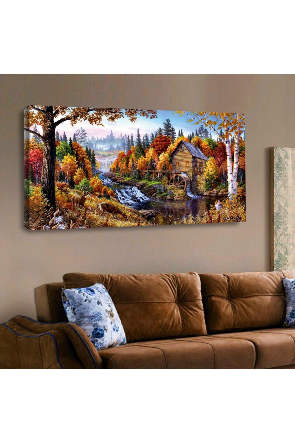 Zevahir 120x60 Canvas Oil Painting View House And Waterfall Landscape Painting - Swordslife