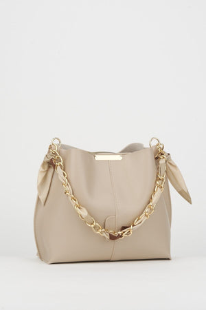 Women'S Scarf And Chain Accessory Soft Leather 3-Compartment Hand, Arm And Shoulder Bag