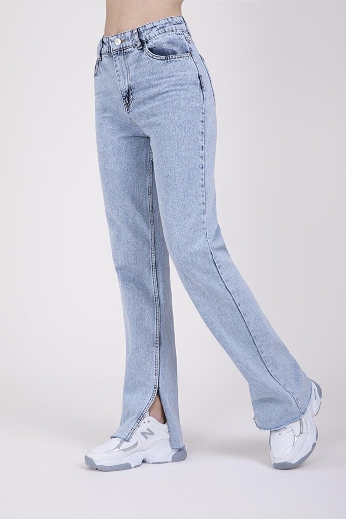 Women's Blue Slit High Waist Jean Trousers - Swordslife