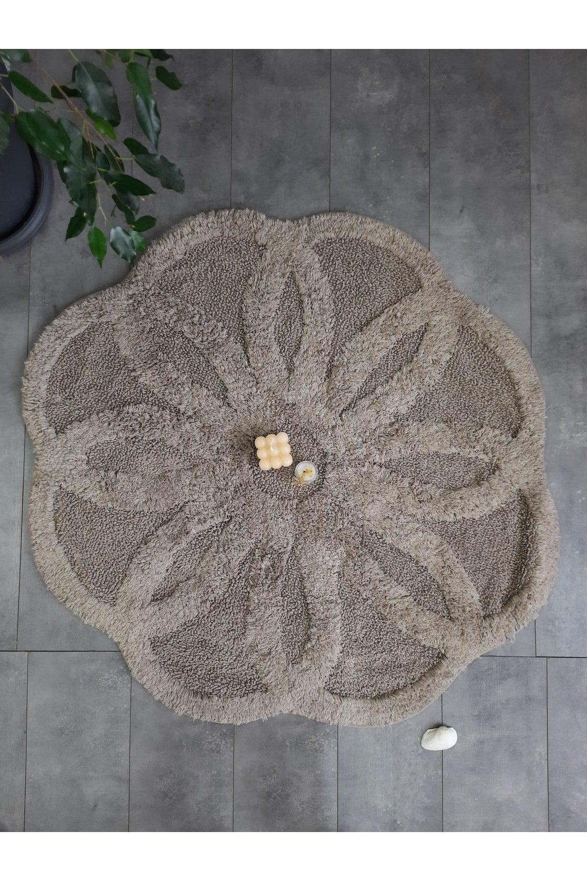 Daisy Cappuccino Natural Cotton Bath Mat 100x100 Cm One Piece Tufting Woven Mat - Swordslife