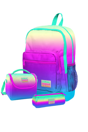 Color Transition Rainbow 4 Compartment School Bag, Pencil Holder, Lunch Box Set Of 3 Primary School Bag