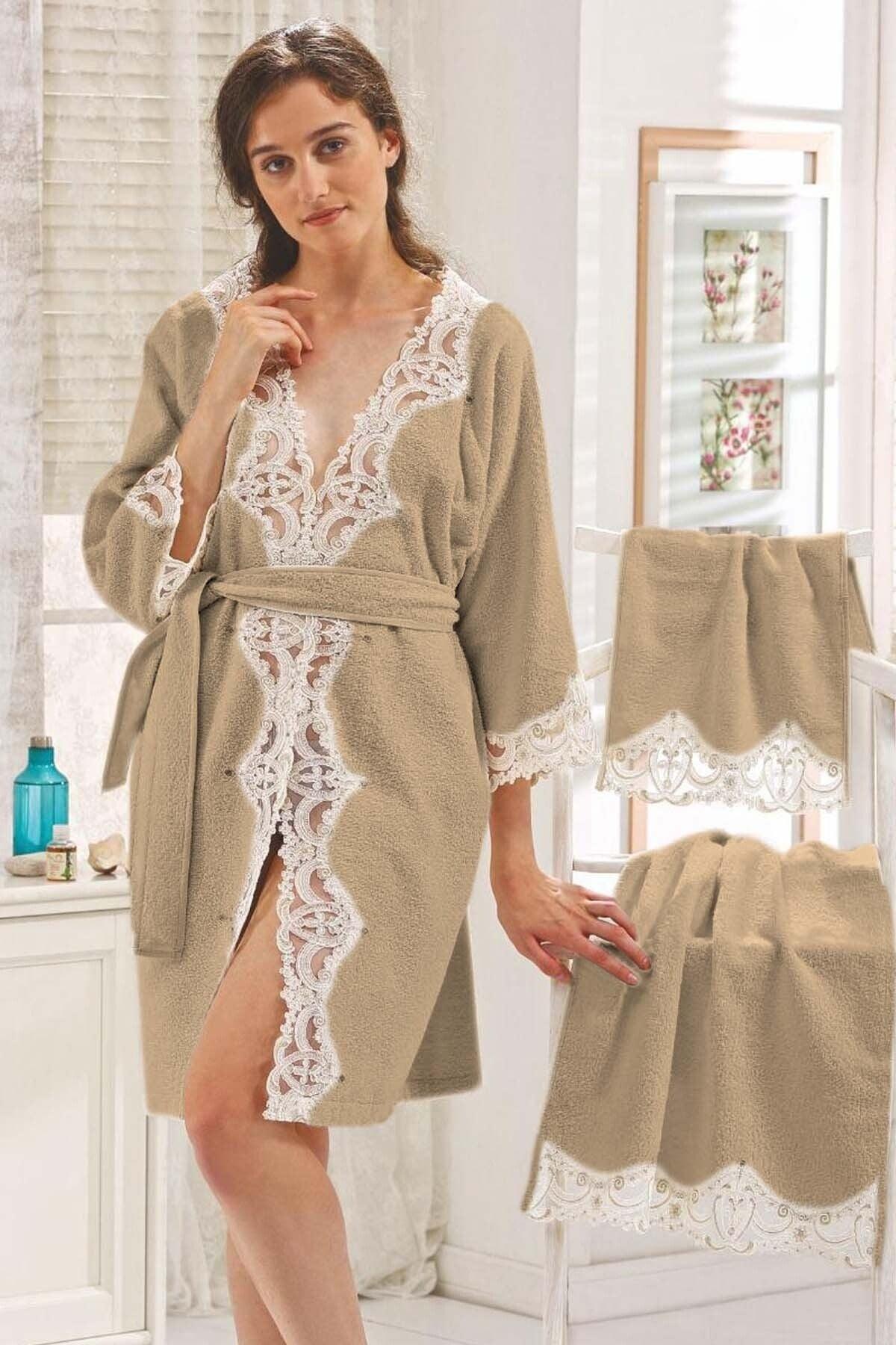 Paris Cappuccino Ladies French Lace Dowry Bridal Bath Honeymoon Bathrobe Set - Swordslife