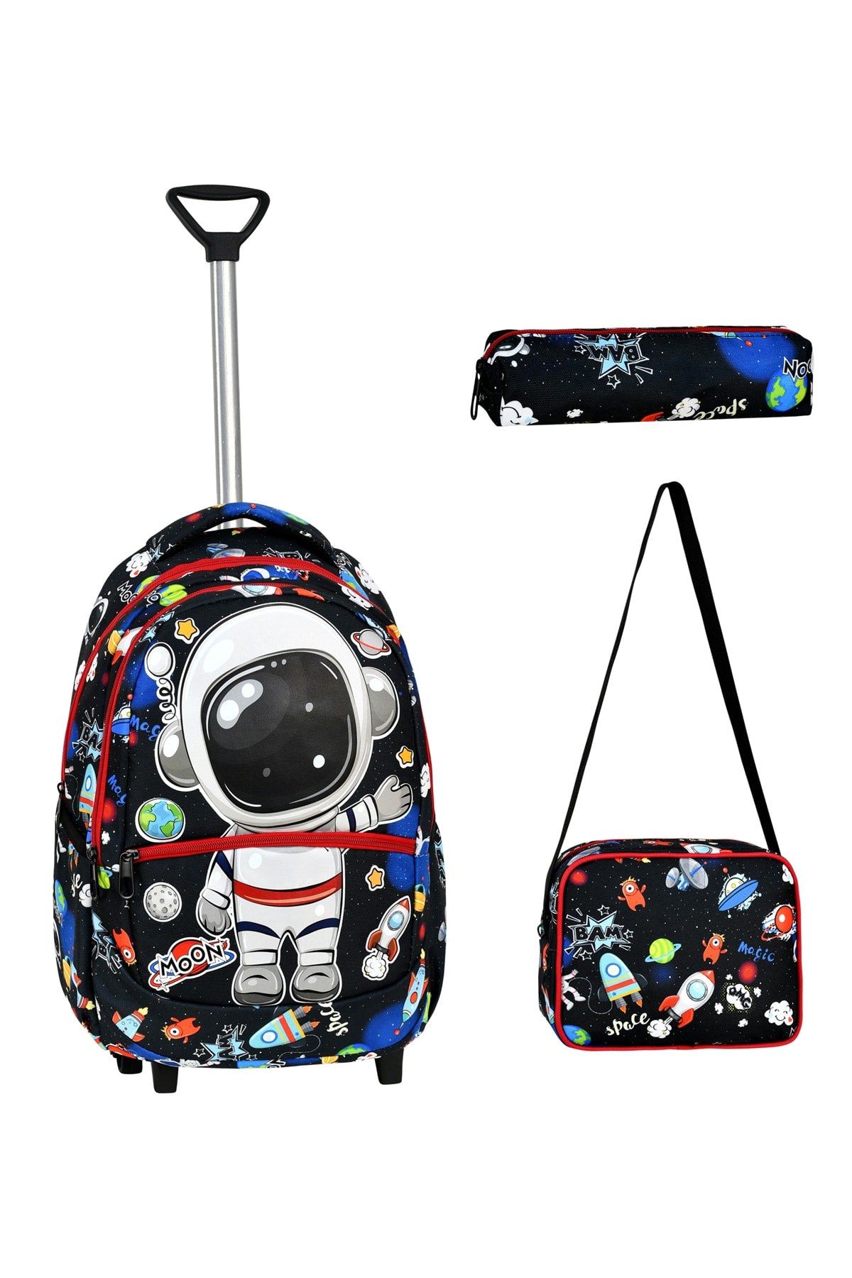 3-Pack School Set With Squeegee, Black Space Pattern Primary School Bag + Lunch Box + Pencil Holder