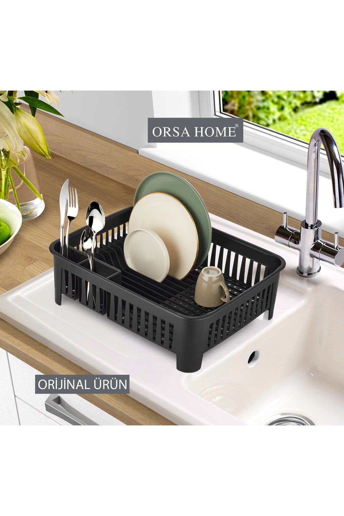 092 Matte Black Countertop Dish Rack With Cutlery Compartment, Smart Plate Rack