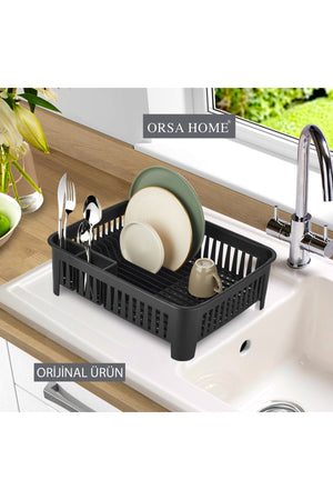 092 Matte Black Countertop Dish Rack With Cutlery Compartment, Smart Plate Rack