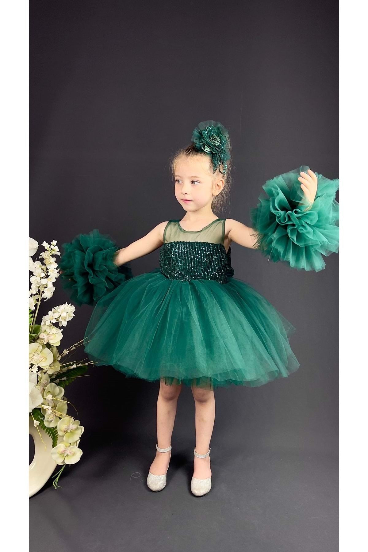 Chiffon Robe Pompom Sleeve Sequined Girls Fluffy Skirt Tulle Evening Dress Green