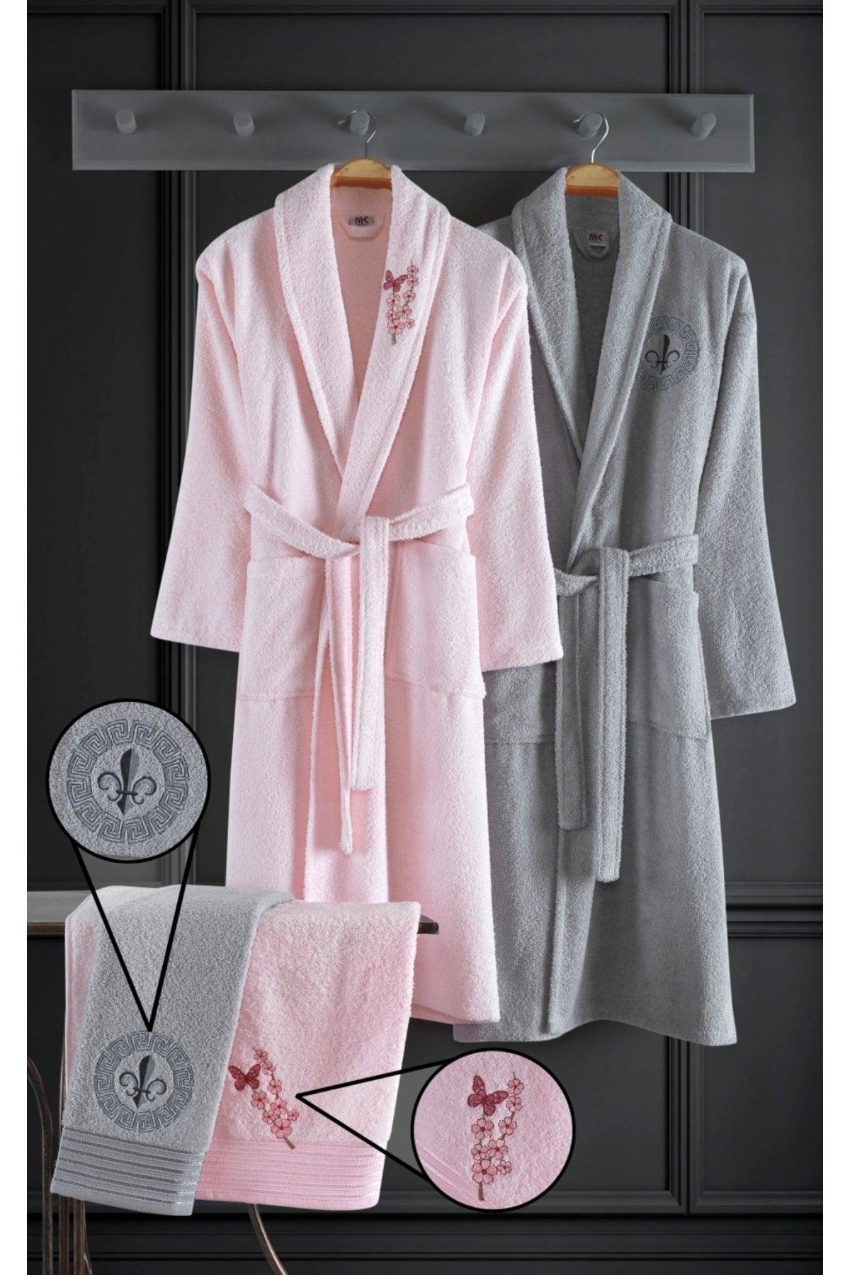 Flamingo Embroidered Cotton 4 Piece Family Bathrobe Set Lilac I Gray - Swordslife