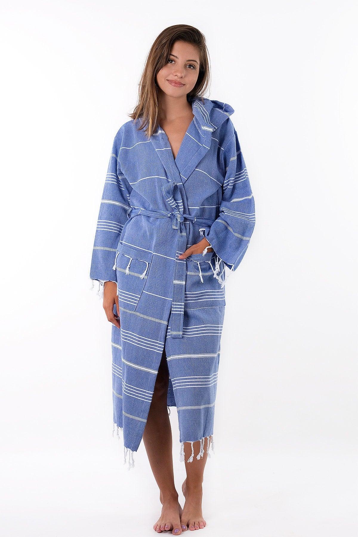 Sultan 100% Cotton Blue Color Hooded Peshtemal Bathrobe, Robe And Beach Dress - Swordslife