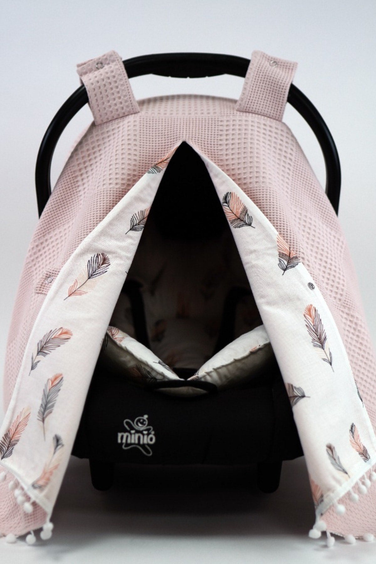 Pink/Orange Feather Poplin Pompom Stroller Cover And Cushion