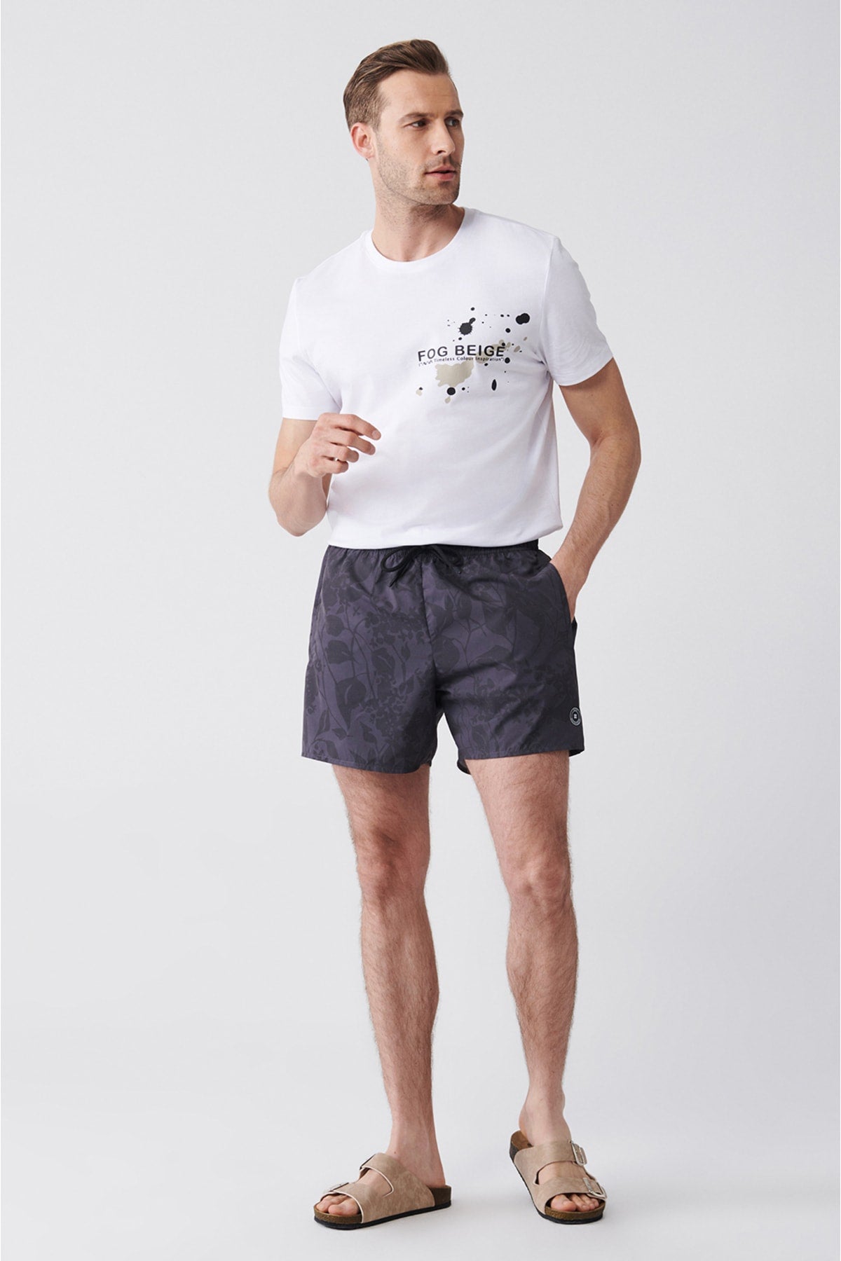Men'S Anthracite-Gray Quick Dry Printed Standard Size Swimwear Marine Shorts E003802