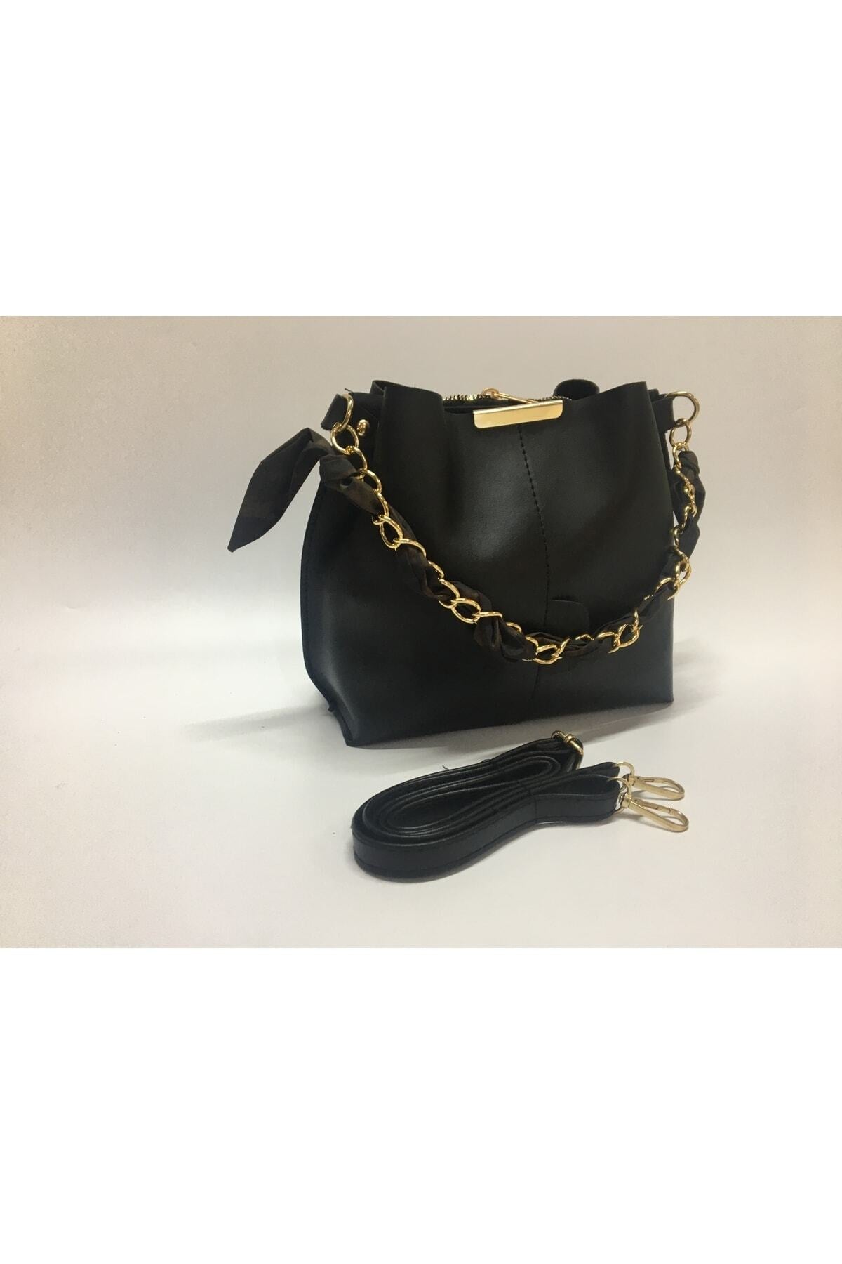 Women'S Black Scarf Chain Accessory Soft Leather 3-Compartment Hand, Arm And Shoulder Bag