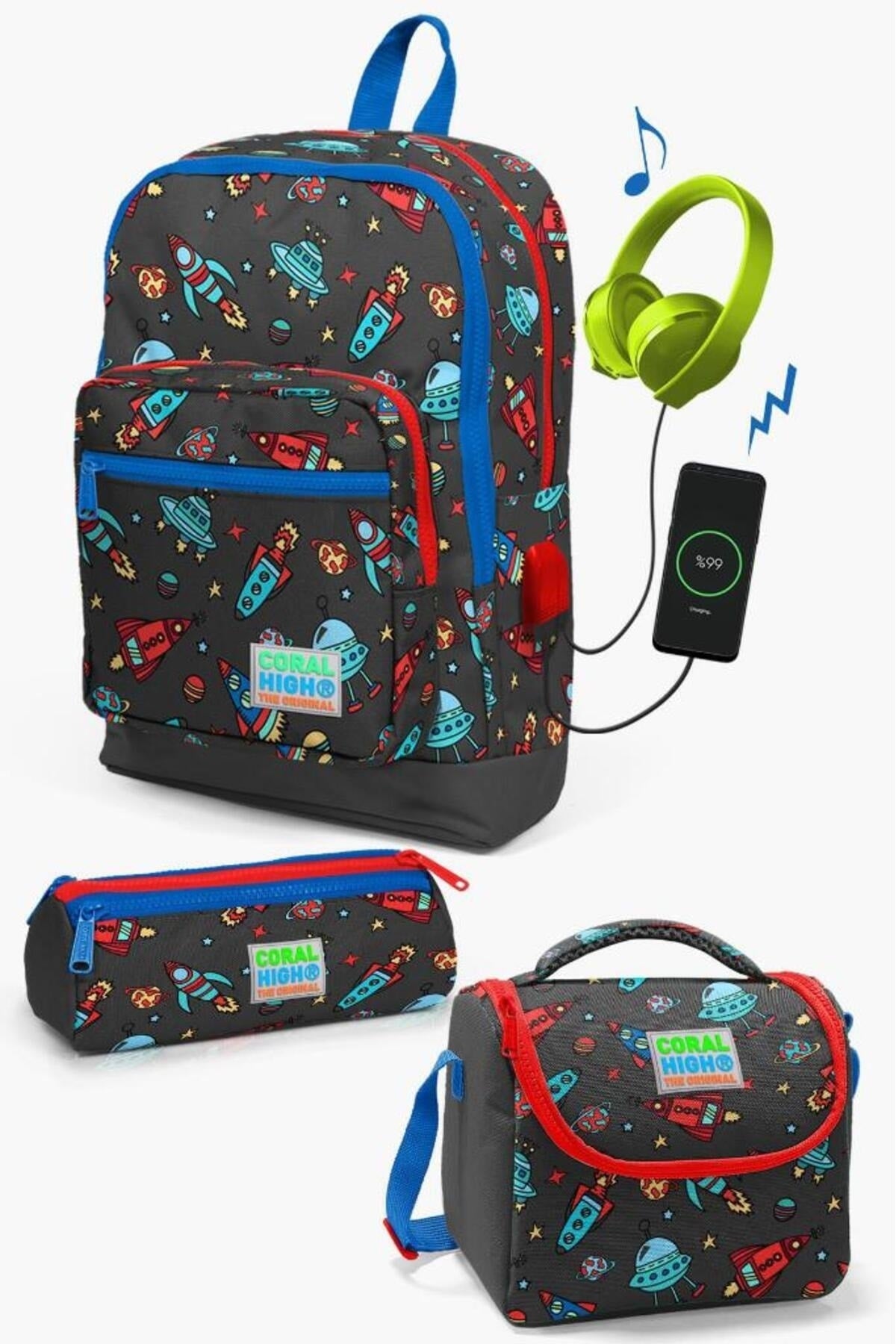 Kids Dark Gray Red Space Patterned Usb 3 Pcs School Bag Set Set0123279