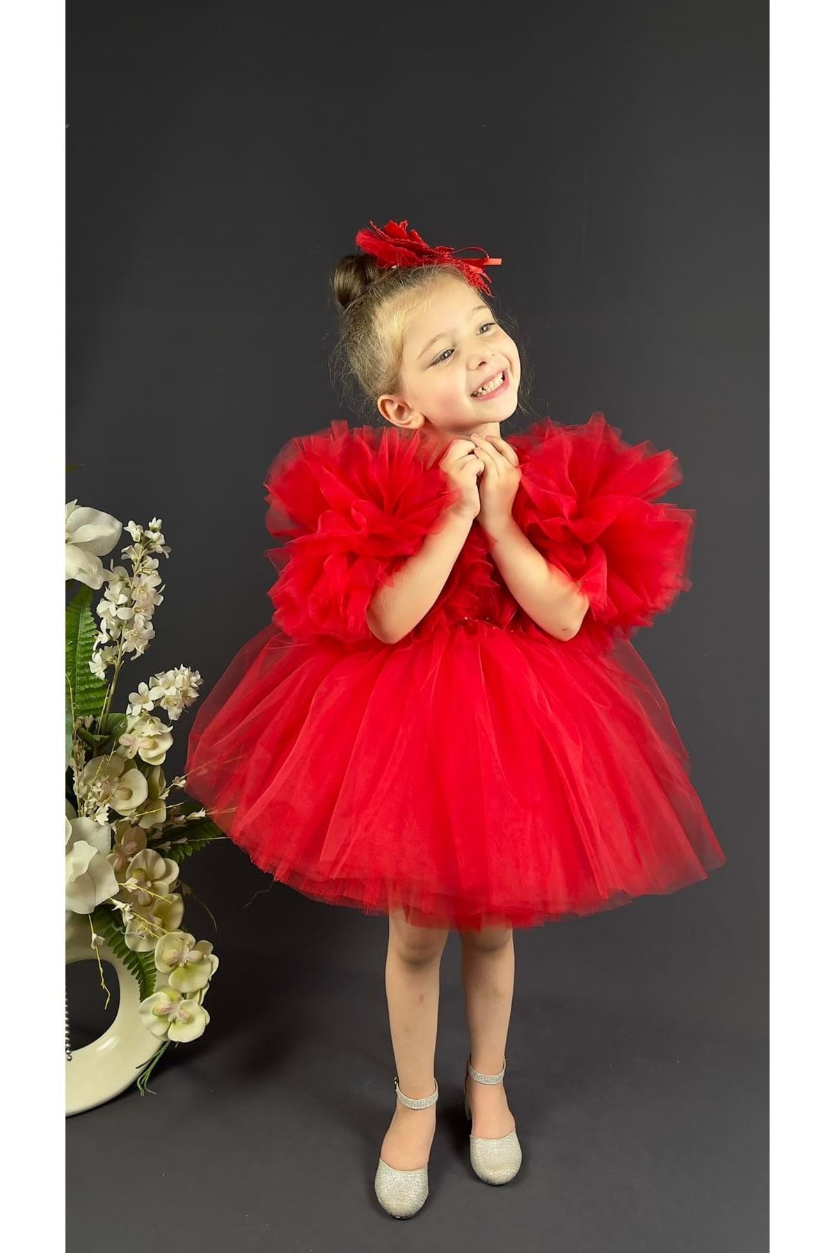 Chiffon Robe Pompom Sleeve Sequined Girls Fluffy Skirt Tulle Evening Dress Red