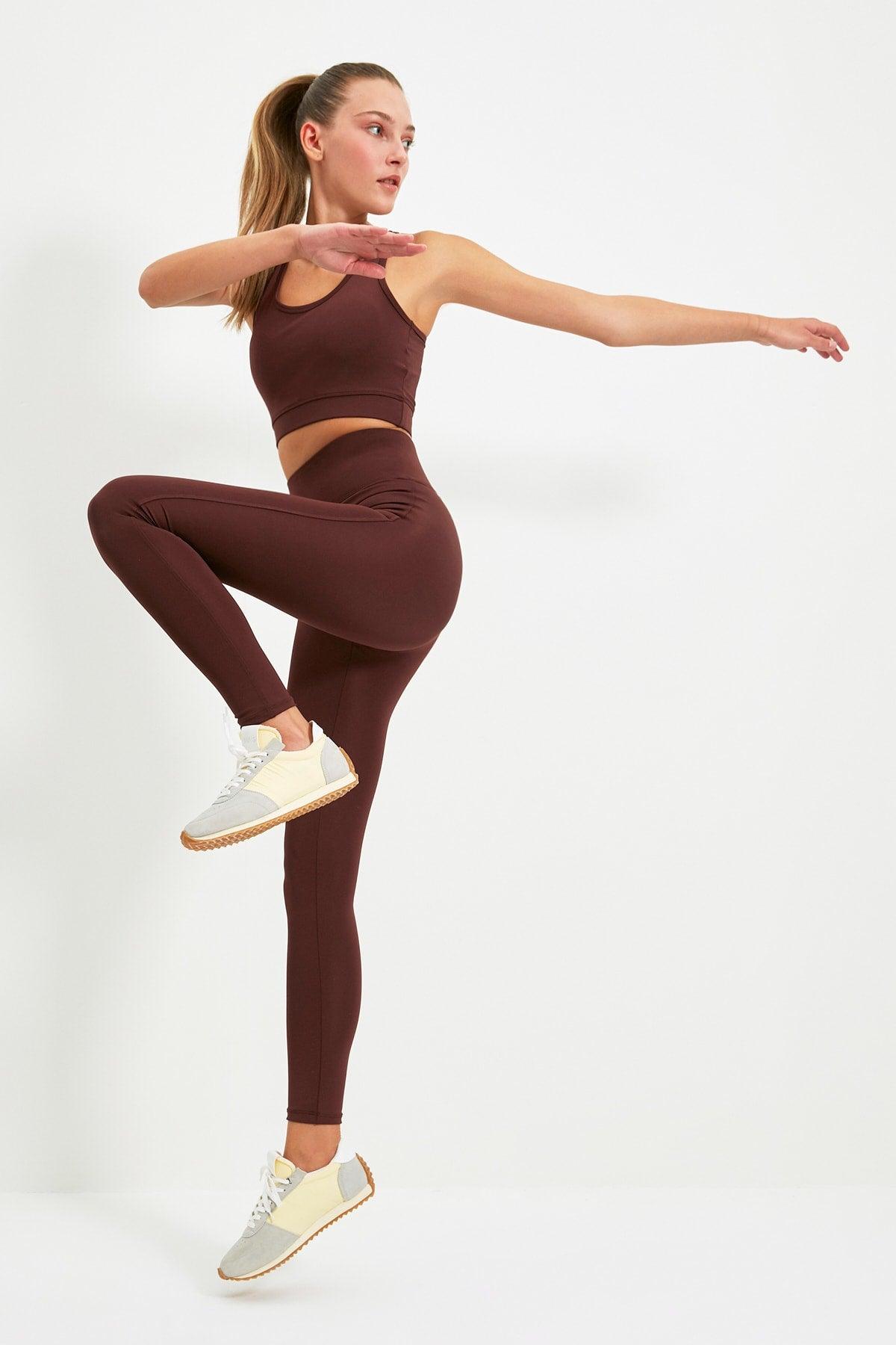 Dark Brown Gatherer Full Length Sports Leggings TWOAW21TA0029 - Swordslife