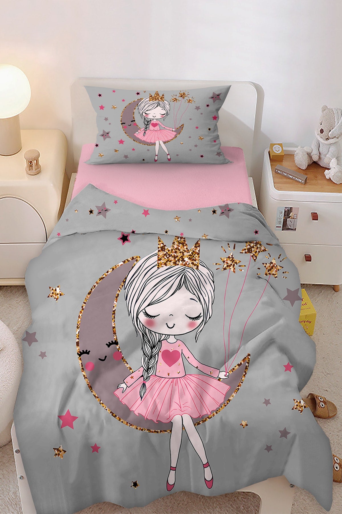 Cute Princess Girl Sitting On The Moon Patterned Single Baby Kids Duvet Cover Set