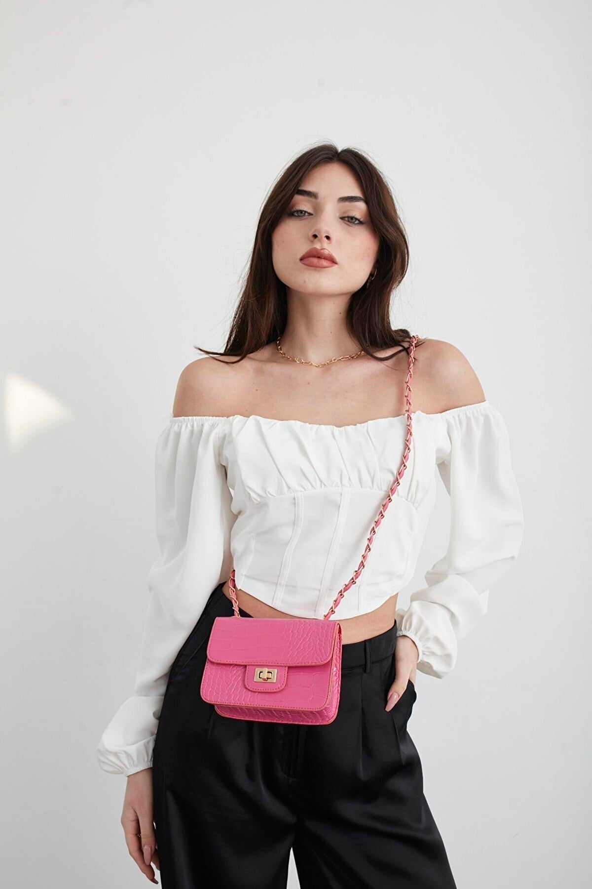 Fuchsia Women'S Crocodile Patterned Mini Shoulder Bag