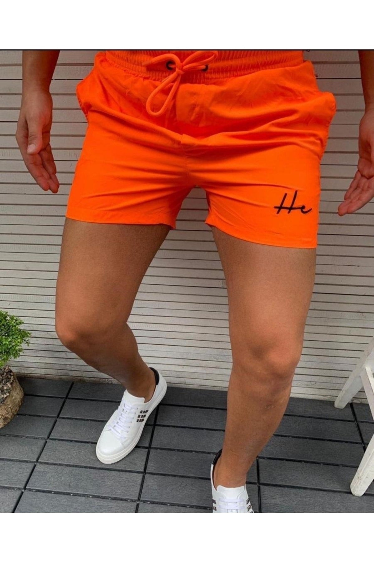 Men'S Neon Orange Solid Color Pocket Model Marine Shorts Swimsuit