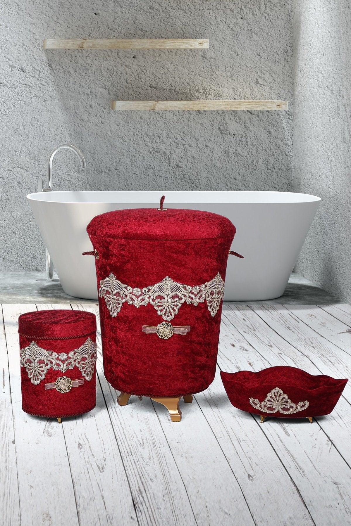 Golden Claret Red 3 Pcs Velvet Dowry Lacy Bathroom Dirty Laundry Basket Set - Swordslife