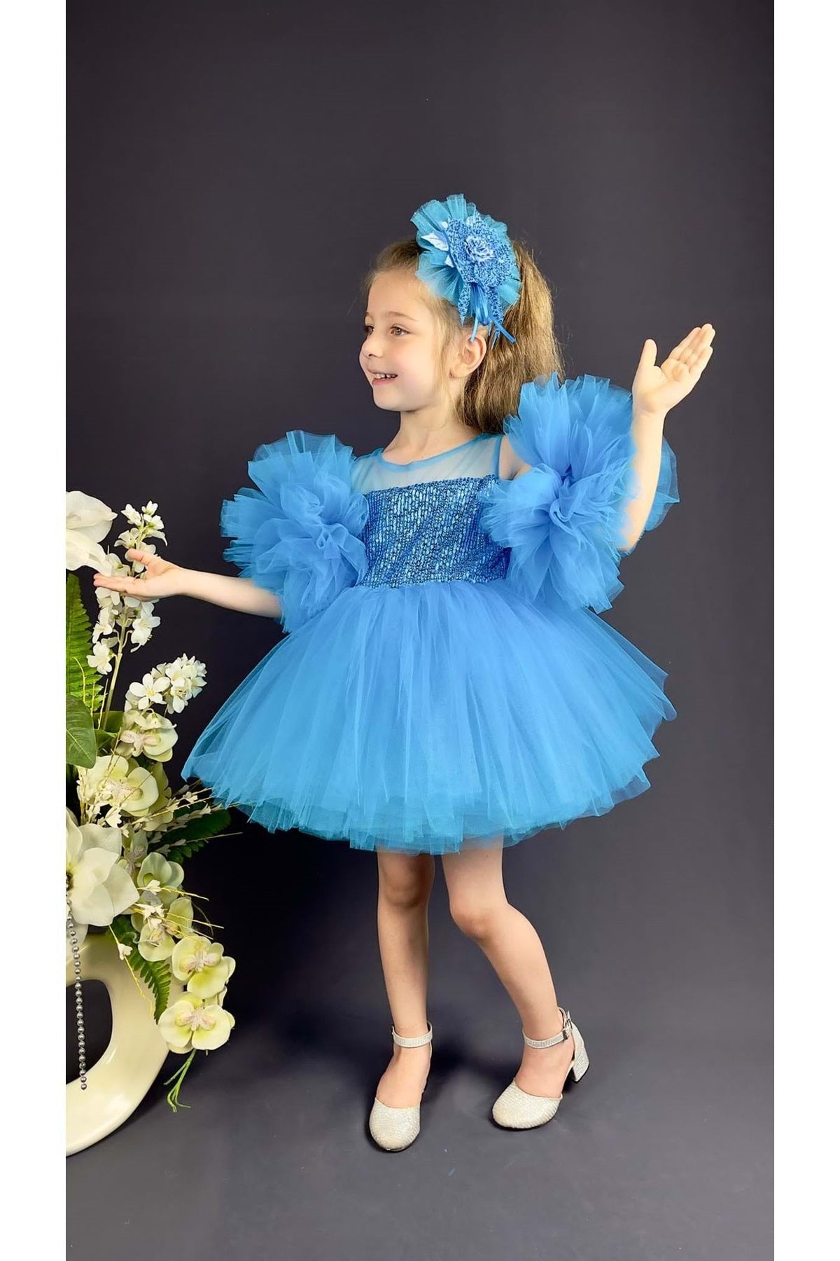 Chiffon Robe Pompom Sleeve Sequined Girls Fluffy Skirt Tulle Evening Dress Blue