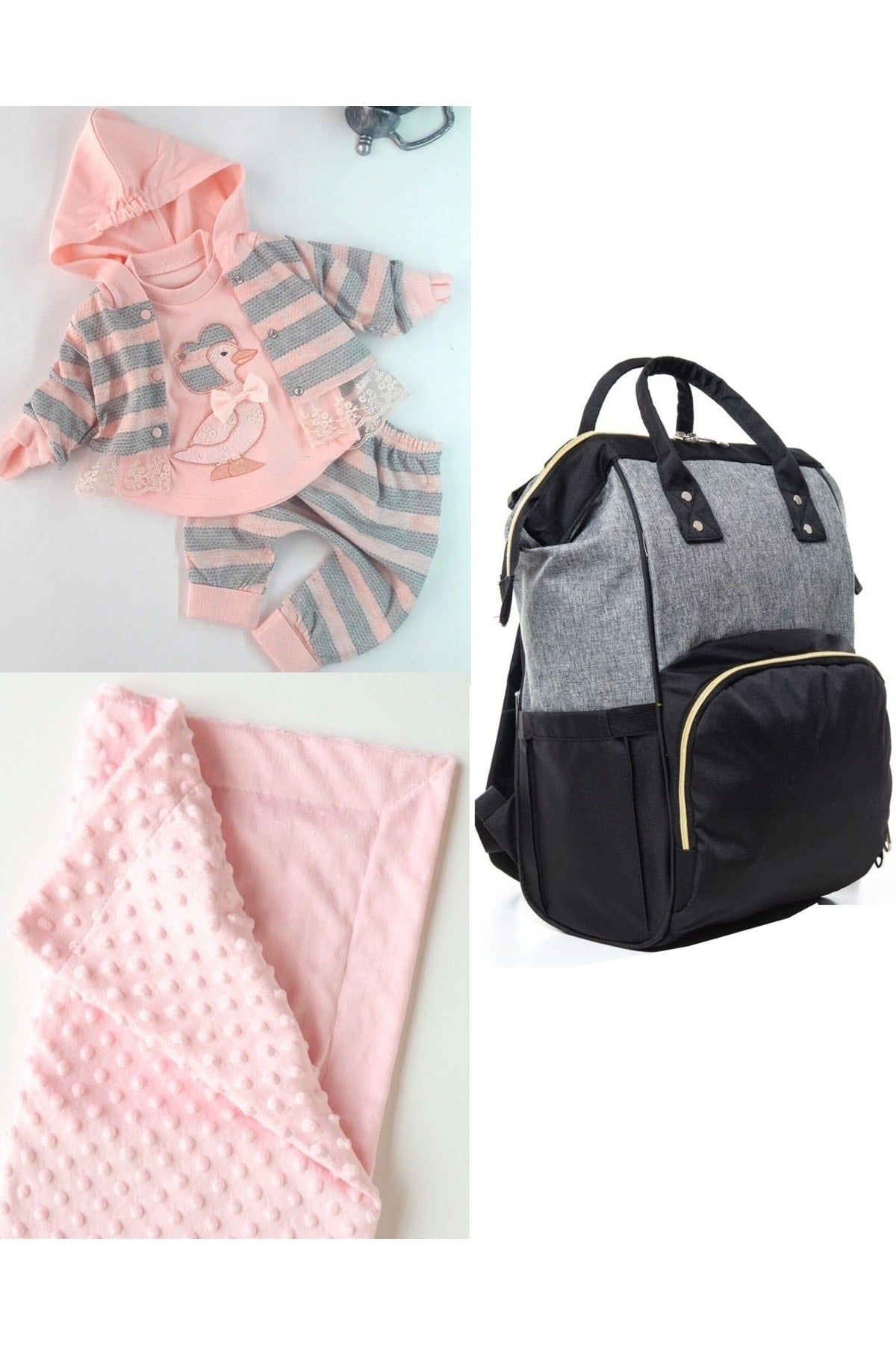 Functional Mother Baby Care Backpack, 100% Cotton Hospital Outlet And Chickpea Blanket Set