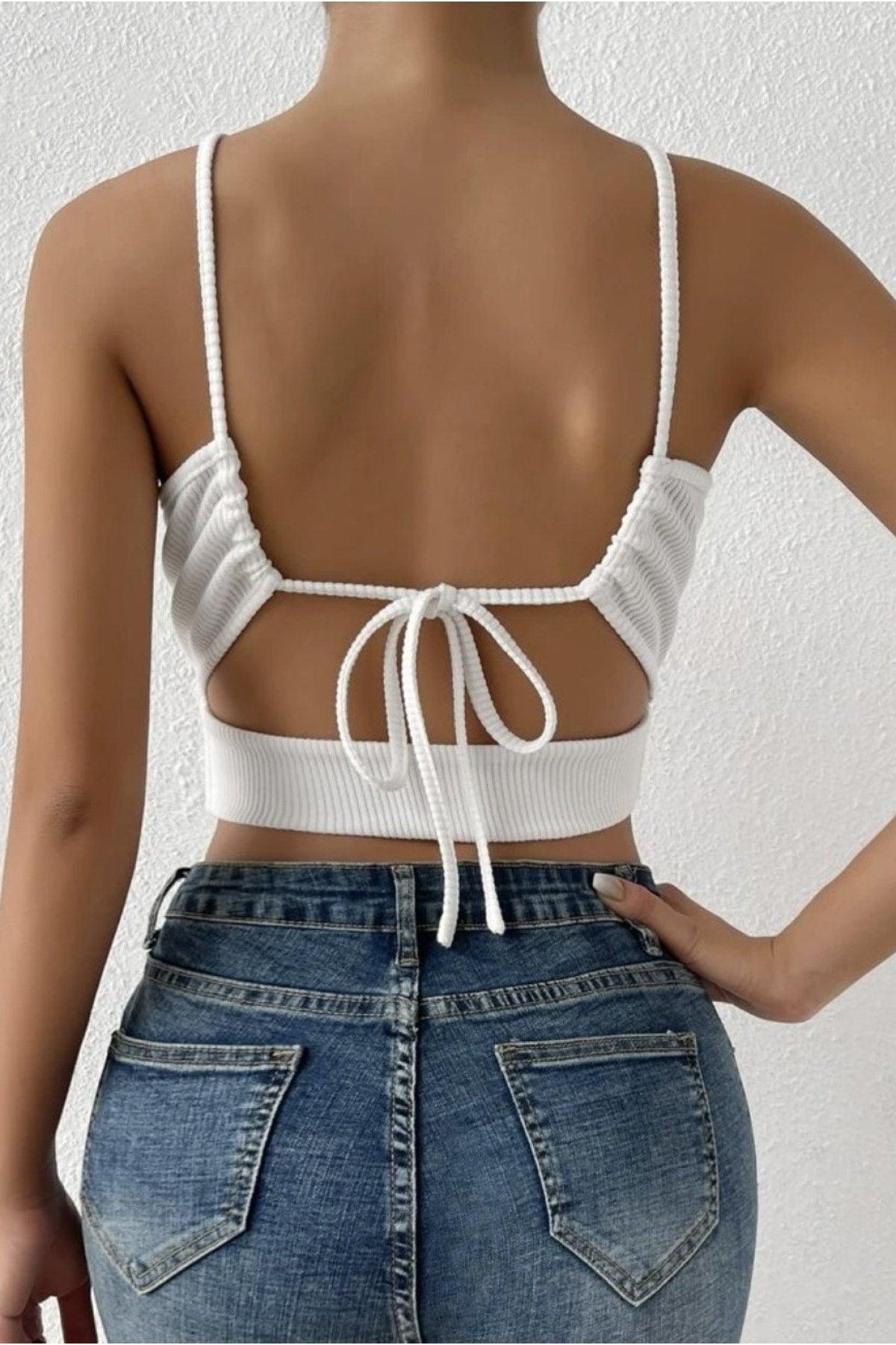 Women's White Camisole Backless Belted Crop Top Blouse - Swordslife