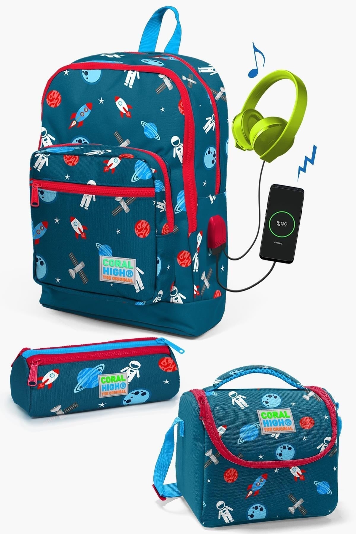 Kids Indigo Red Space Patterned Usb 3-Piece School Bag Set Set0123290