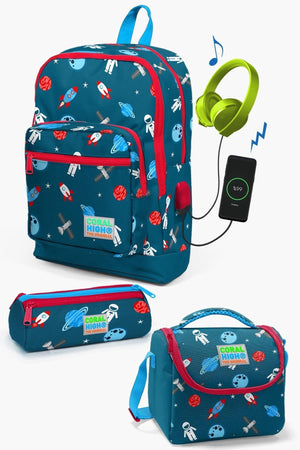 Kids Indigo Red Space Patterned Usb 3-Piece School Bag Set Set0123290