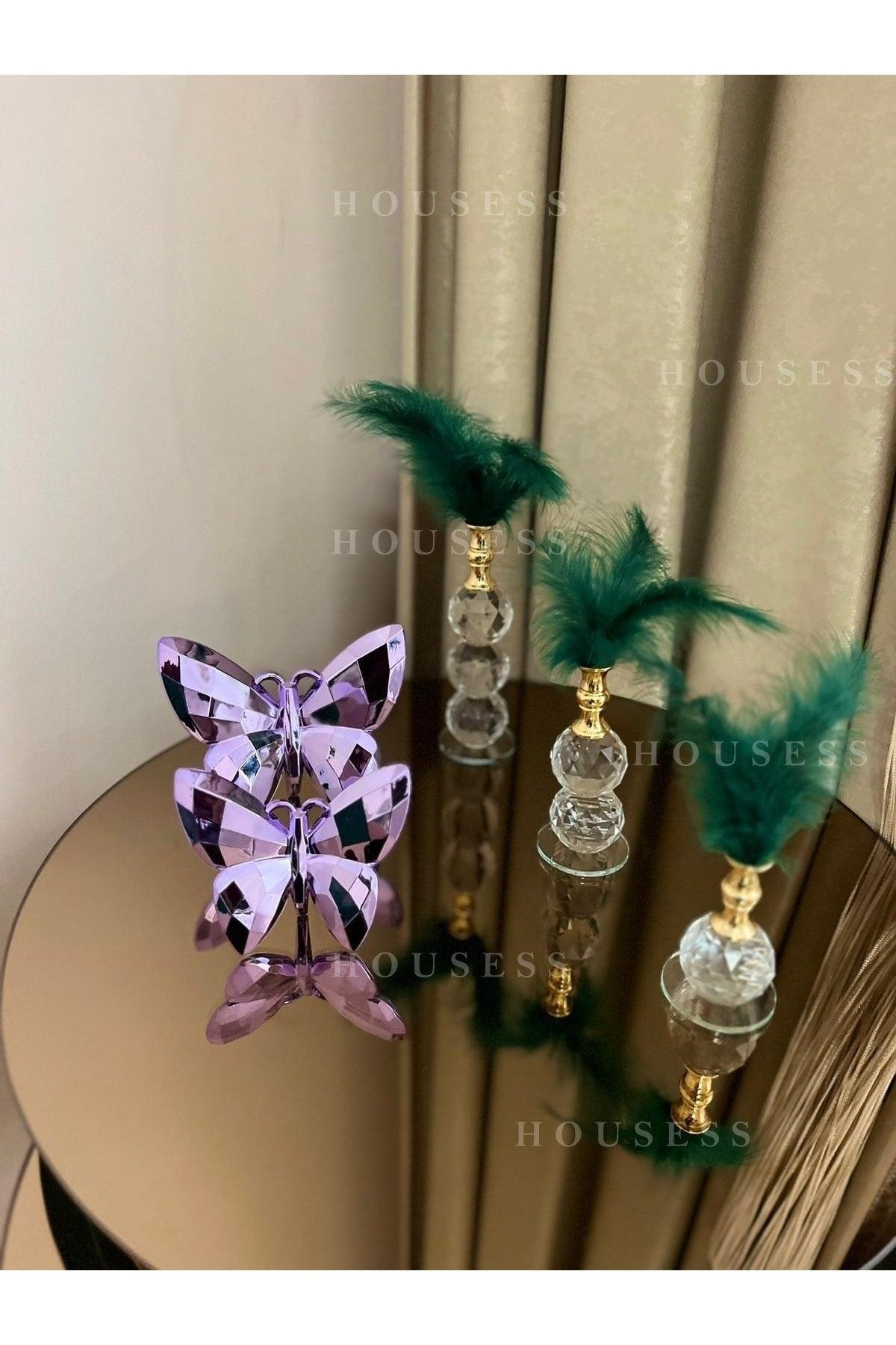 Decorative Set of 2 Purple Butterflies and 3 Gold Feathers Trinket Ornament - Swordslife