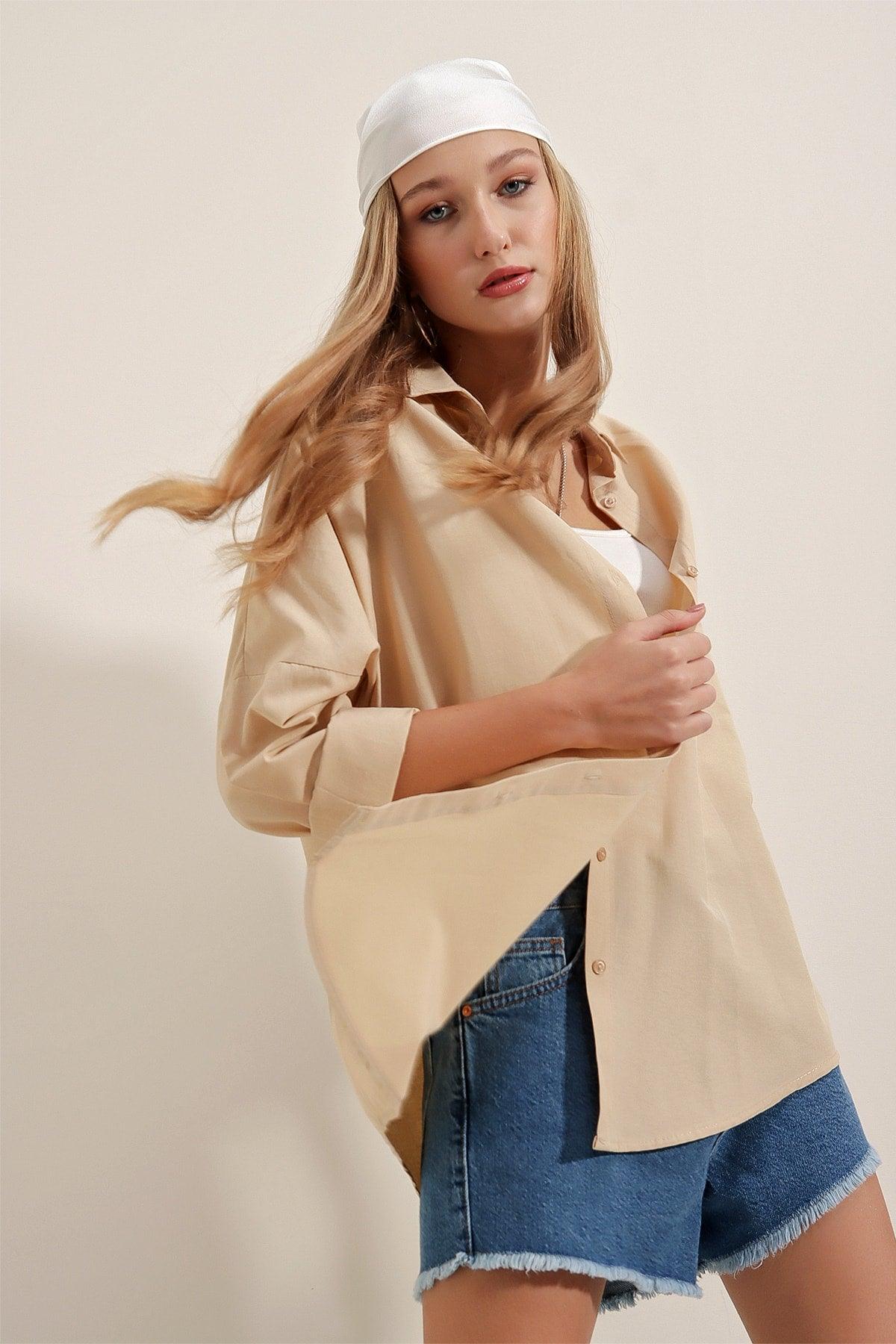 3900 Oversize Long Basic Shirt - Beige - Swordslife