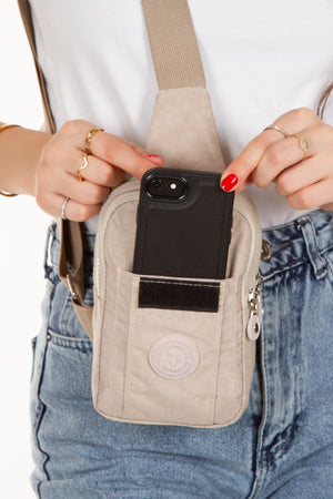 Unisex Crinkled Fabric Mini Shoulder Bag With Phone Compartment Sport And Daily Use Beige
