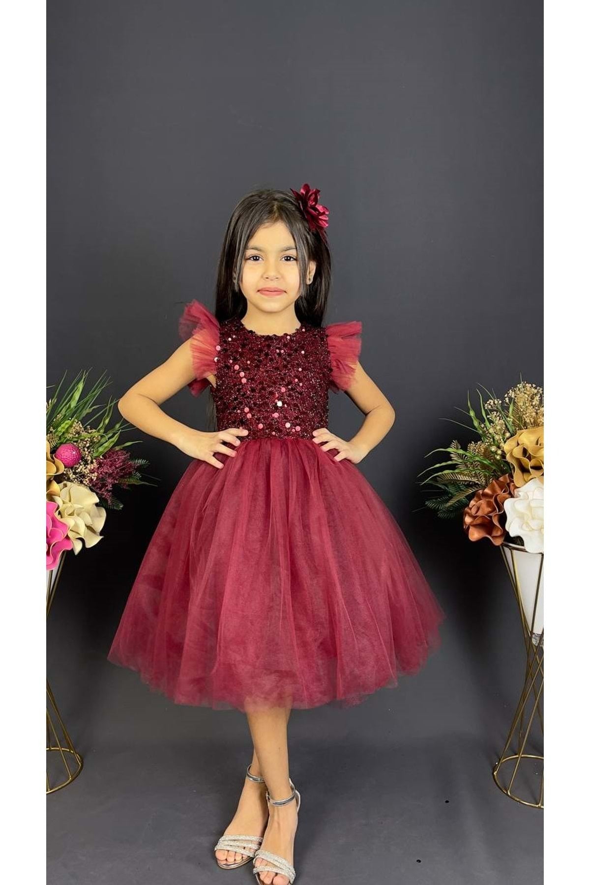 Earring Sequin Sequin Tulle Girl Child Dress MNK0526 MAROON