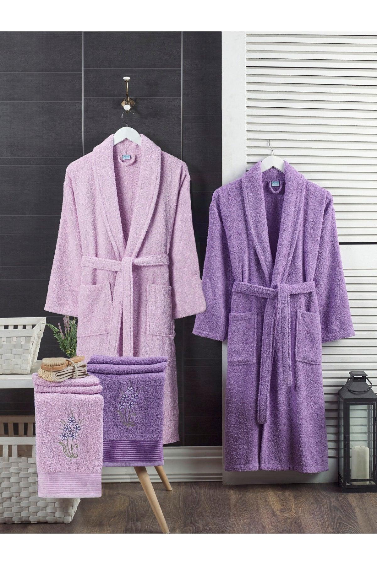 Embroidered Cotton 4-Piece Family Bathrobe Set | Bathrobe Set | Dowry Set | Lilac | Lavender - Swordslife