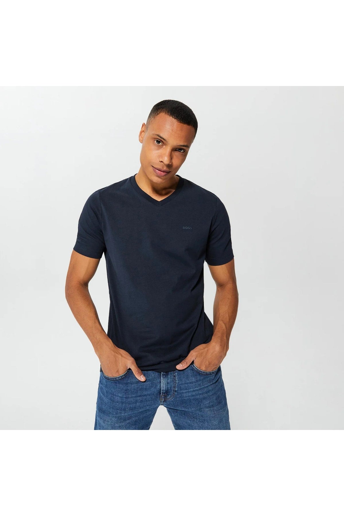Men'S Cotton V Neck Regular Fit Navy Blue T-Shirt 50468348-404