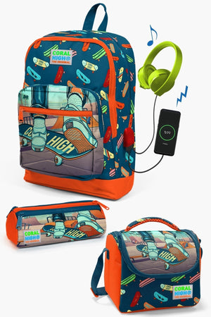 Kids Civit Neon Orange Skateboard Patterned Usb Input 3 Pcs School Bag Set Set0123823