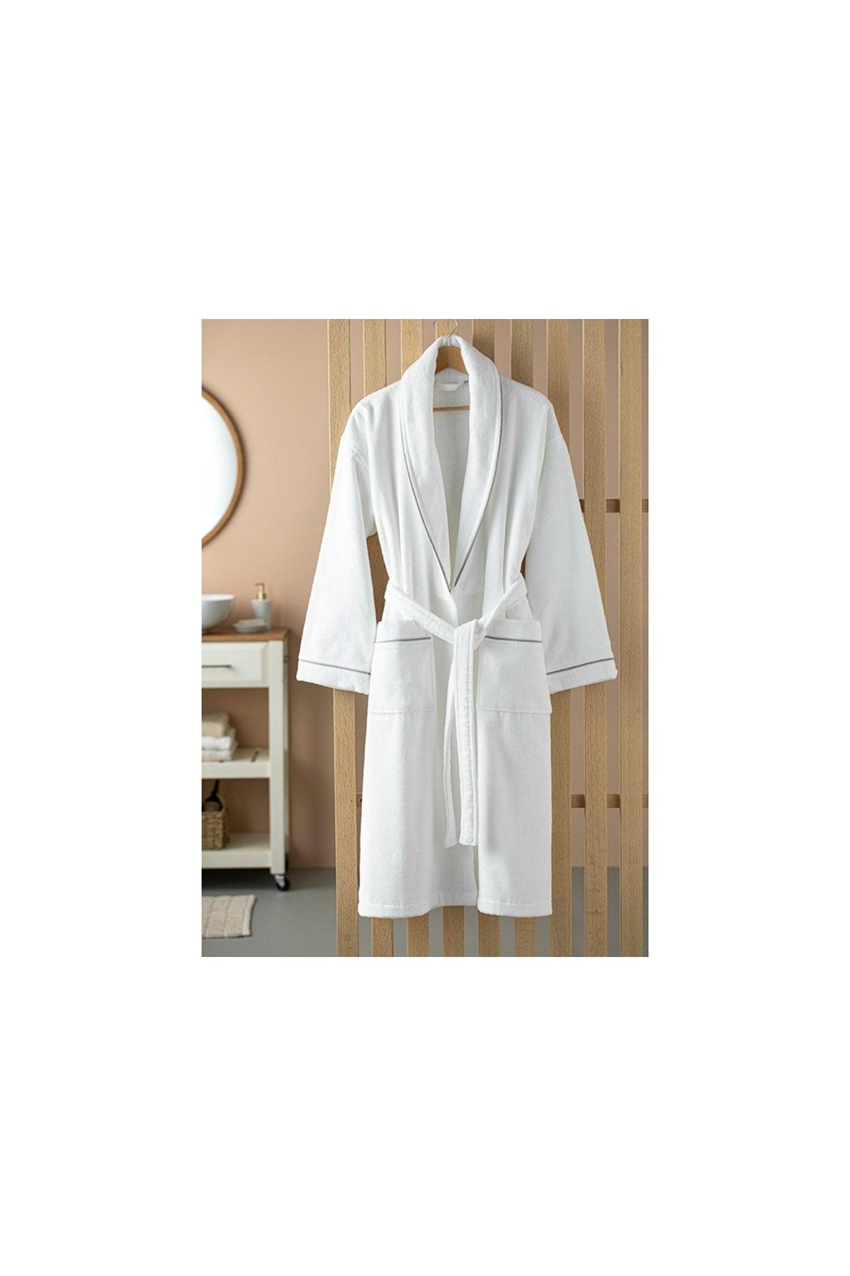 Premium Velvet Bathrobe Cotton Piping Bathrobe Sm White - Gray - Swordslife